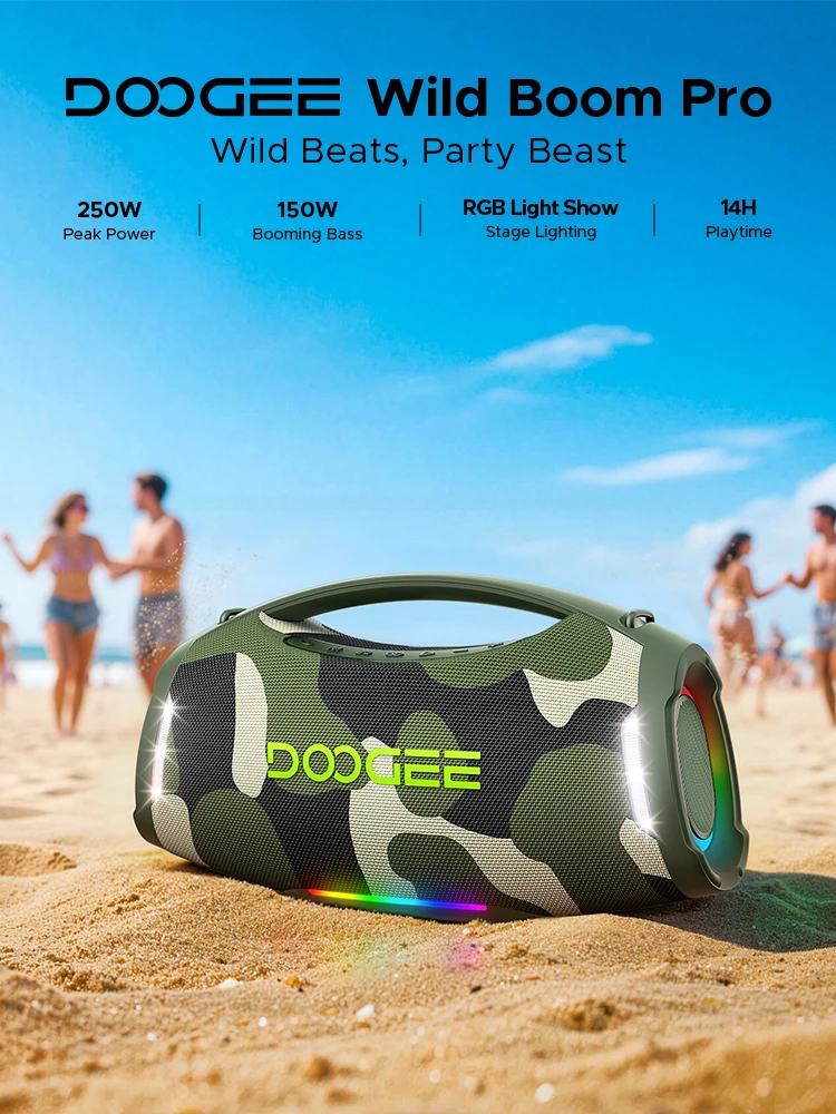 DOOGEE Wild Boom Pro Bluetooth Speaker 250W RMS Boombox IP55 Waterproof Portable Speaker Outdoor Music Box With Colorful Light