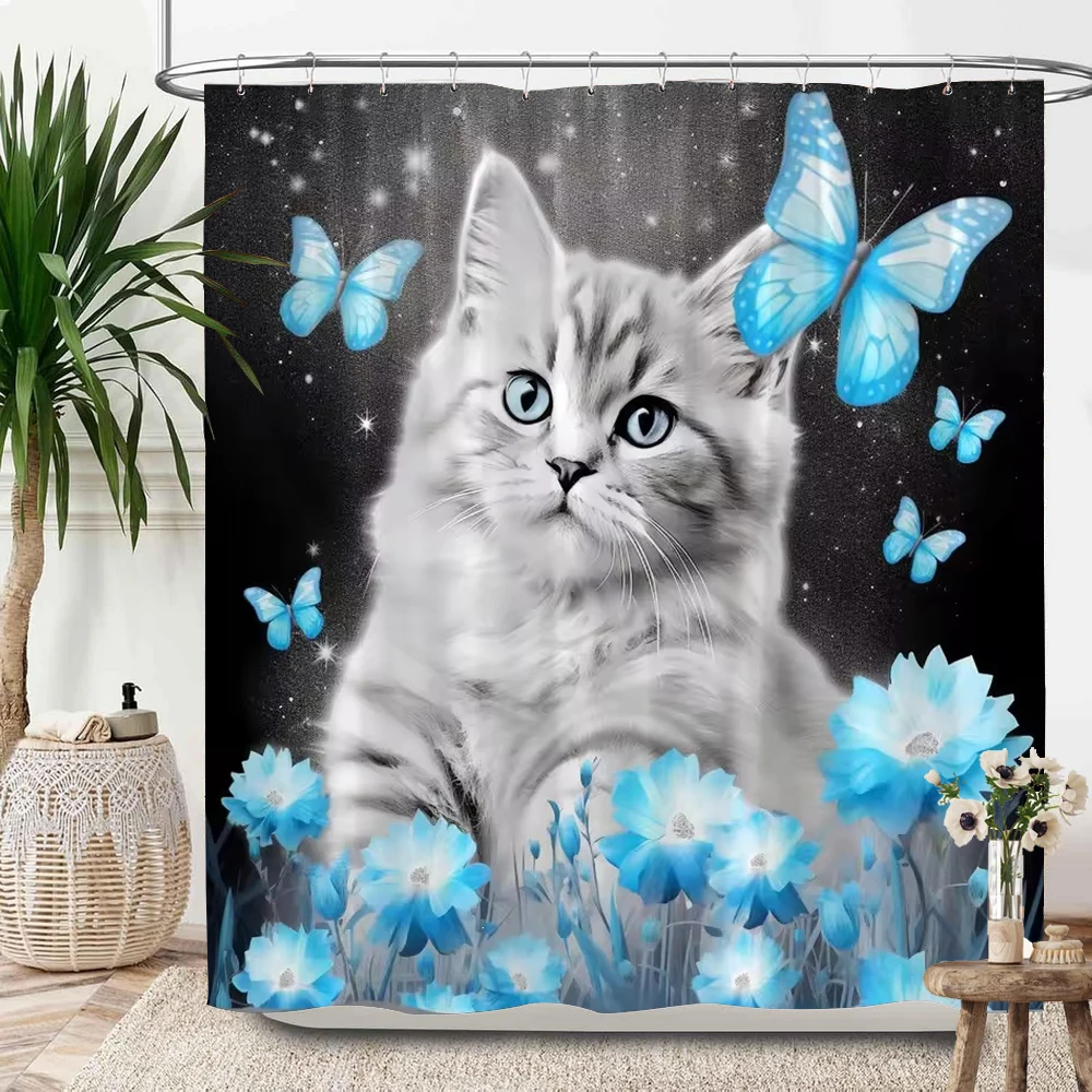 1pc Cute Cartoon Color Cat Print Waterproof Shower Privacy Partition Shower Curtain 12 Hooks Multiple Sizes Machine Washable