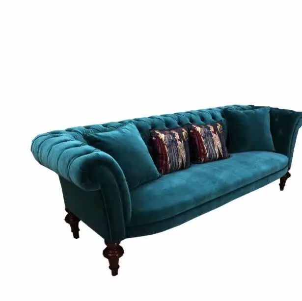 American vintage velvet fabric sofa, simple and modern double three-person photo studio, clubhouse, beauty salon, peacock blue