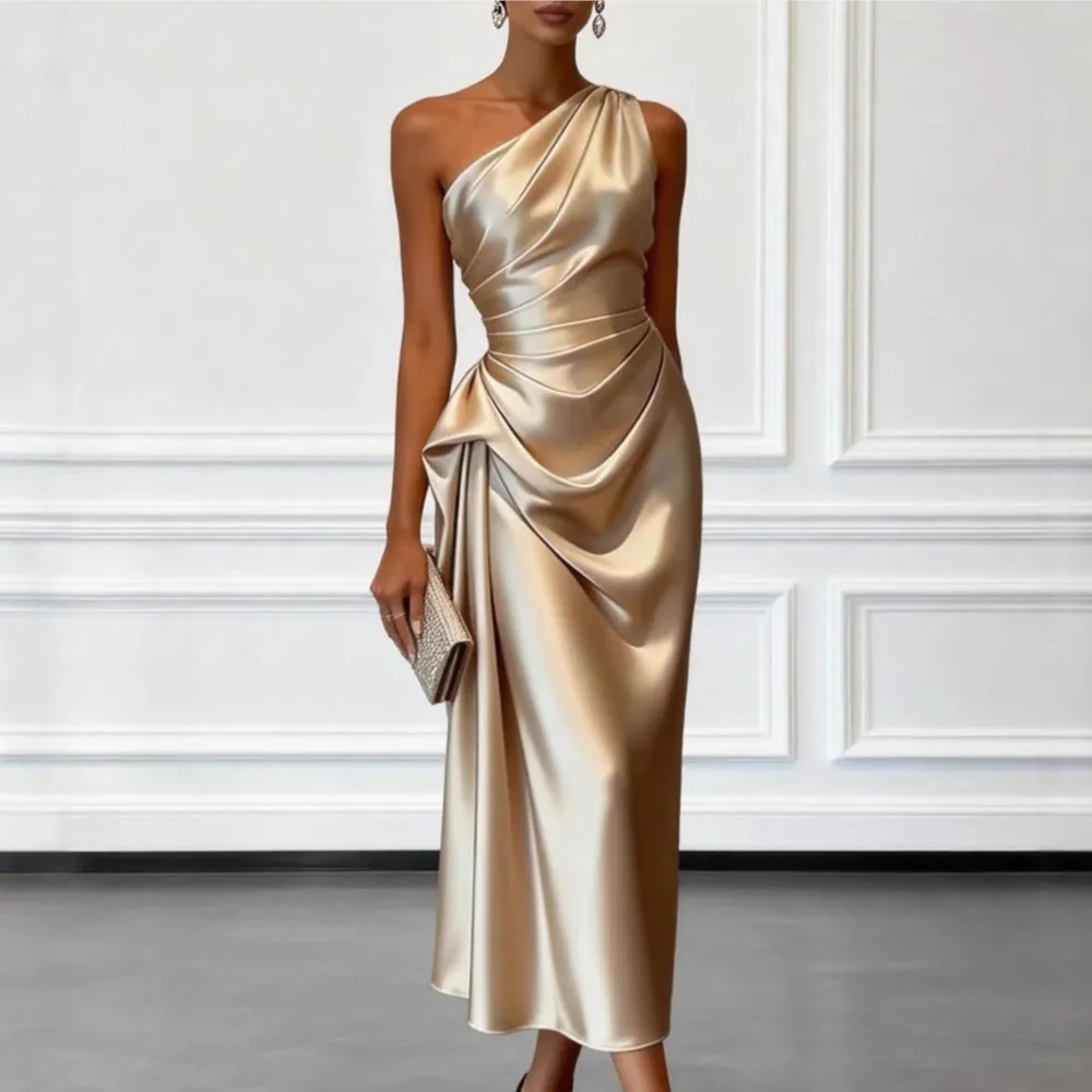 Robe longue élégante pour femme en satin uni, col asymétrique, sexy, à une épaule, sans manches, froncée, ajustée, pour soirée d'été