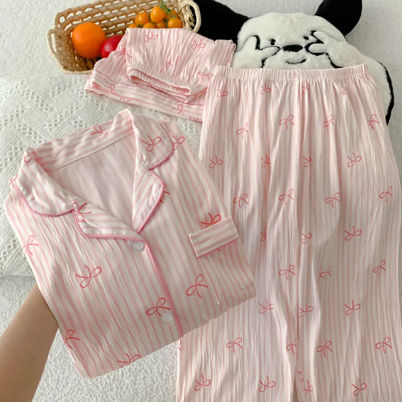 New Sweet Striped Instagram-Style Casual Crinkled Fabric Spring/Summer Lightweight Girls' Short-Sleeve 3-Piece Pajama Set