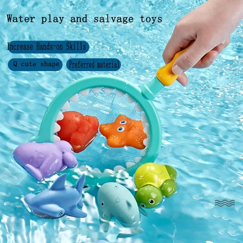 7Pcs/Set Baby Shower Toy Water Spray Net Fishing Fish Children Shower Floating Water Playing Toy Pinching Joy