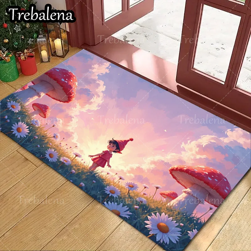

1pc Welcome Door Mat Cute Cartoon Girl with Mushrooms and Flowers Doormat for Home Decor