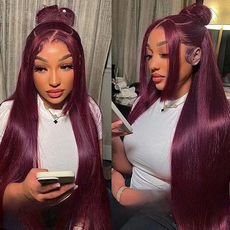 

99J Dark Red Straight Hair Wig 13x4 Transparent Lace Front Wig Pre-Plucked 100% Human Hair Wig 180 Density For Women