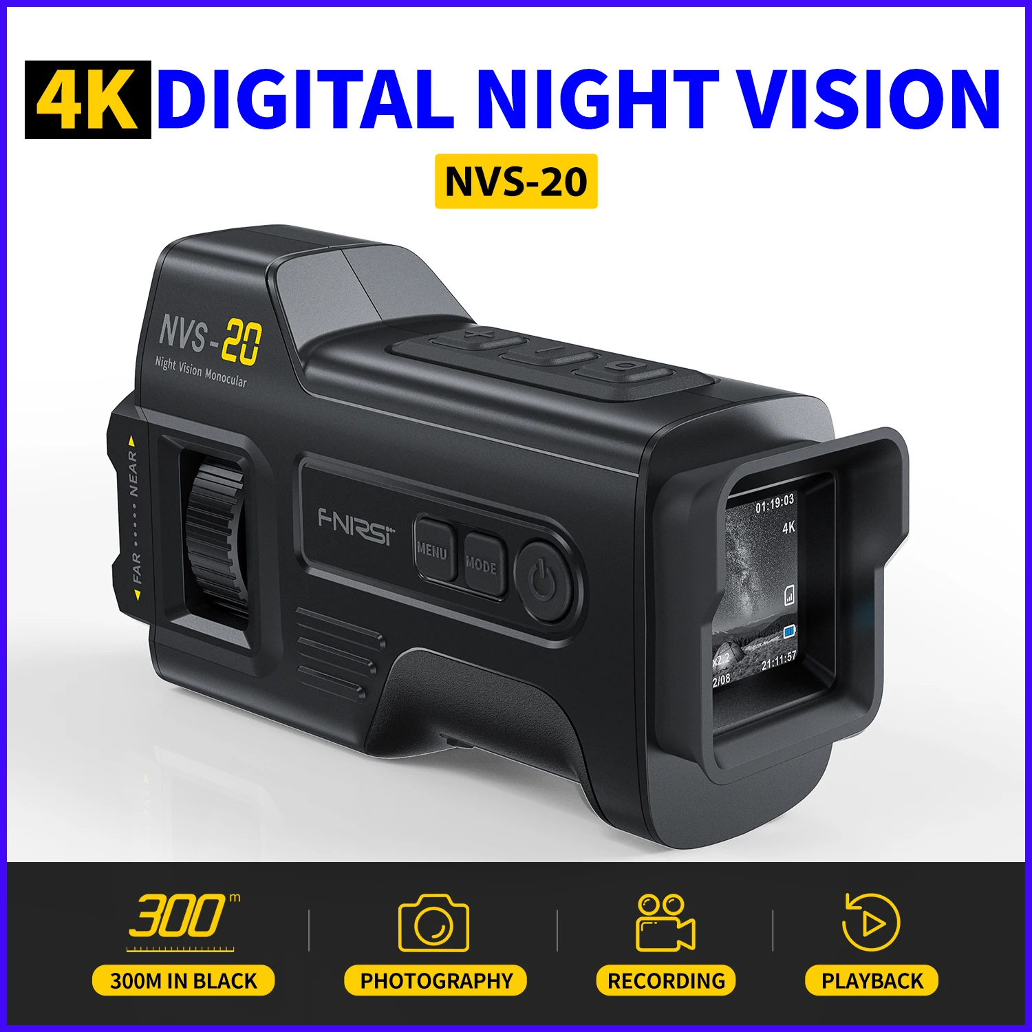 FNIRSI NVS-20 4K Monocular Night Vision Device Infrared 6x Digital Zoom Hunting Telescope Outdoor Day Night Use Full Dark 300m