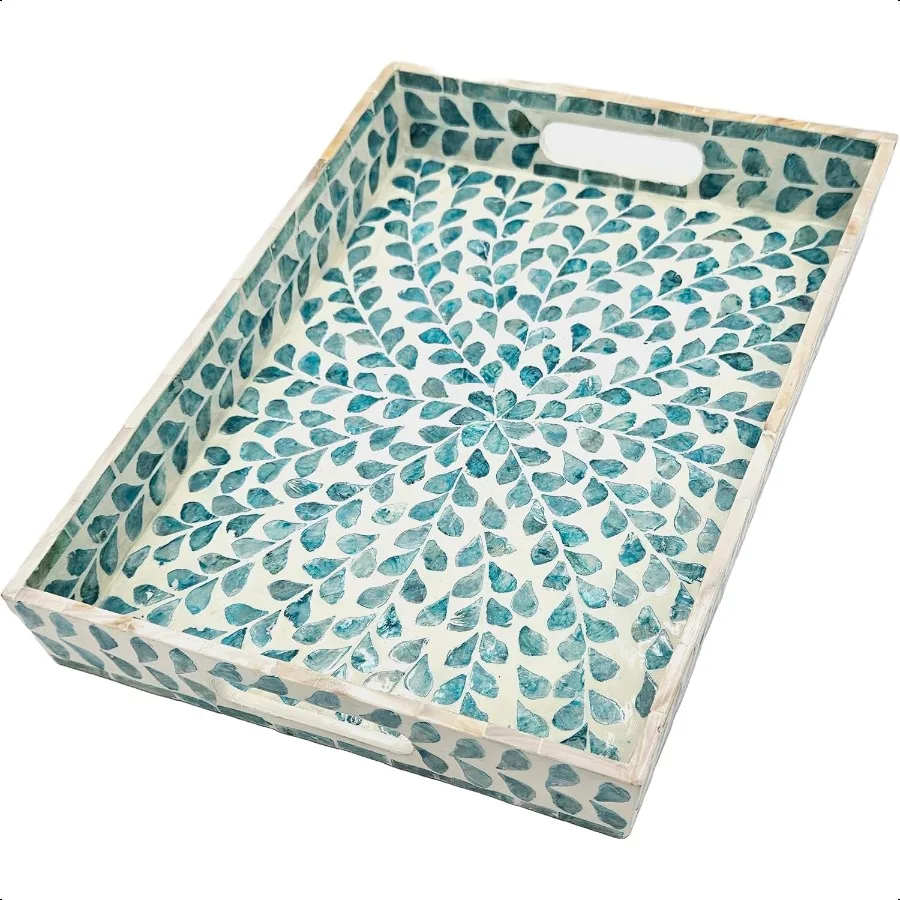 

Rectangular Mother of Pearl Serving Tray Nacre Wood Lap Ottoman Tray for Coffee Table Luxury Decorative Handmade Eating Platter