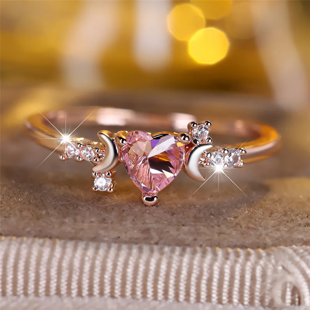 Female Cute Small Moon Ring Elegant Pink Crystal Heart Stone Rings For Women Vintage Rose Gold Color Wedding Band Bridal Jewelry