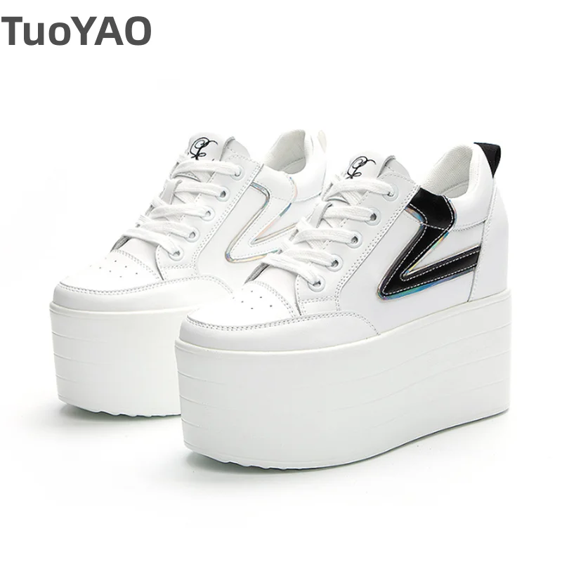 

High Heel 12CM Chunky Sneakers White Wedge Platform Breathable Hollow Shoes New Sneaker Vulcanized Spring Comfy Genuine Leather