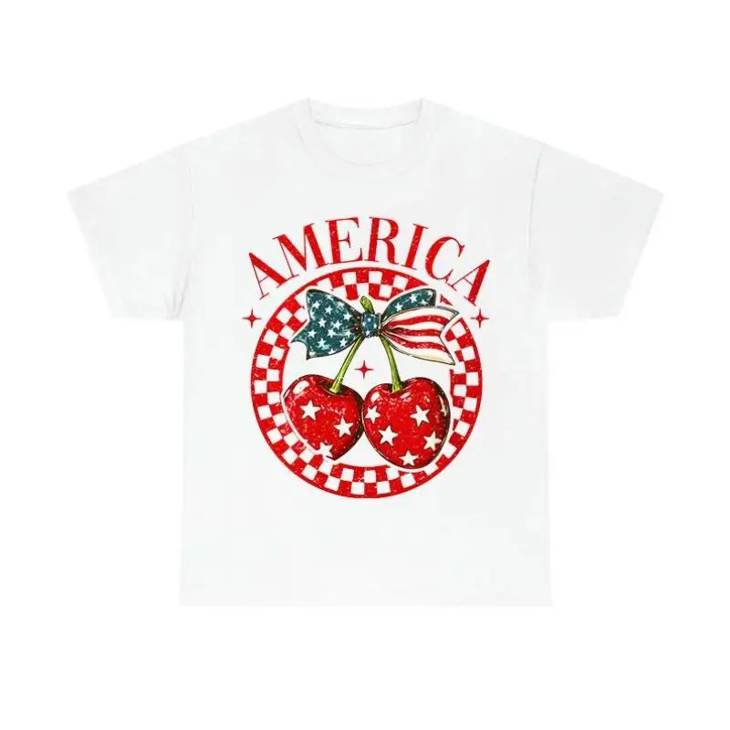 

Vintage America T-shirt for Women Patriotic Cherry Graphic Tee Retro 4th of July Outfit Slogan Top Country Gift