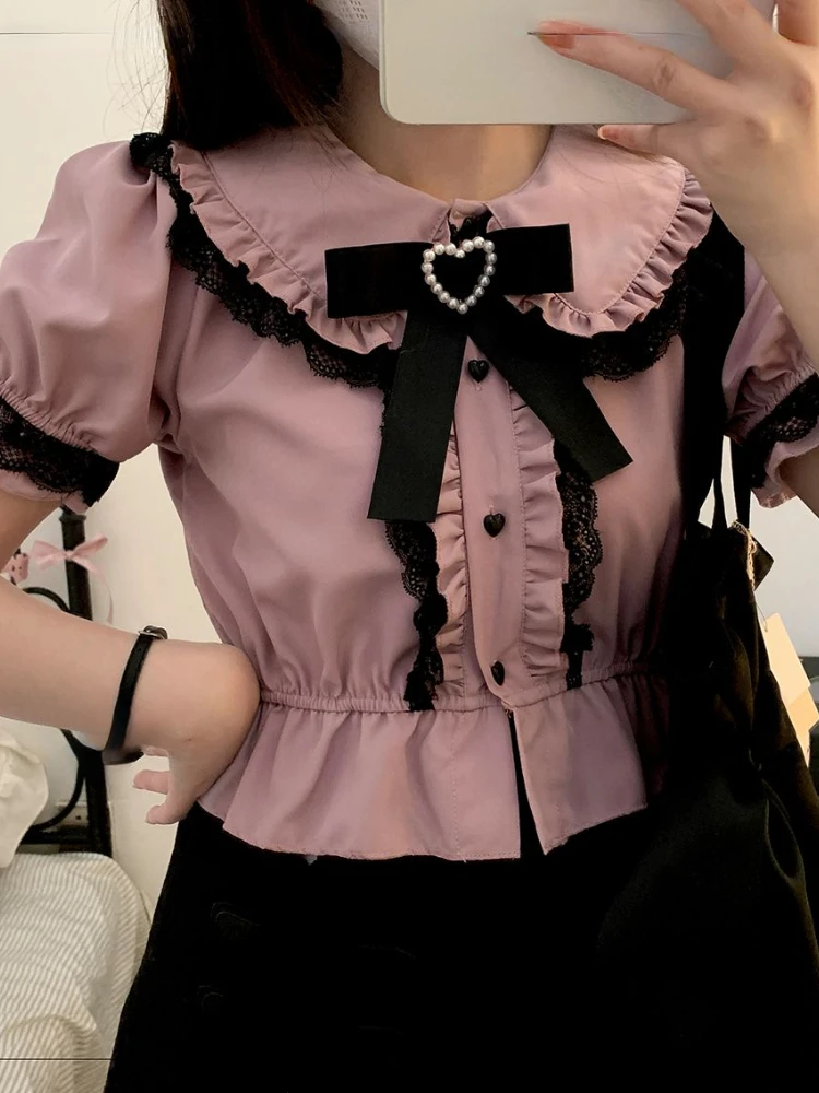 Kawaii Girl Sweet Cute Lolita Puff Sleeve Shirt Summer Y2k Lace All Match Blouse Top New Female Single Breasted 2023 Summer