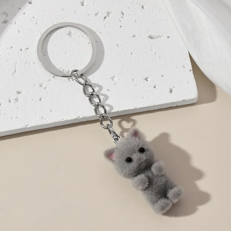 Cute 3D Flocking Kitten Small Bear Keychain Resin Cat Couple Pendant Earphone Backpack Charms Bag Decor