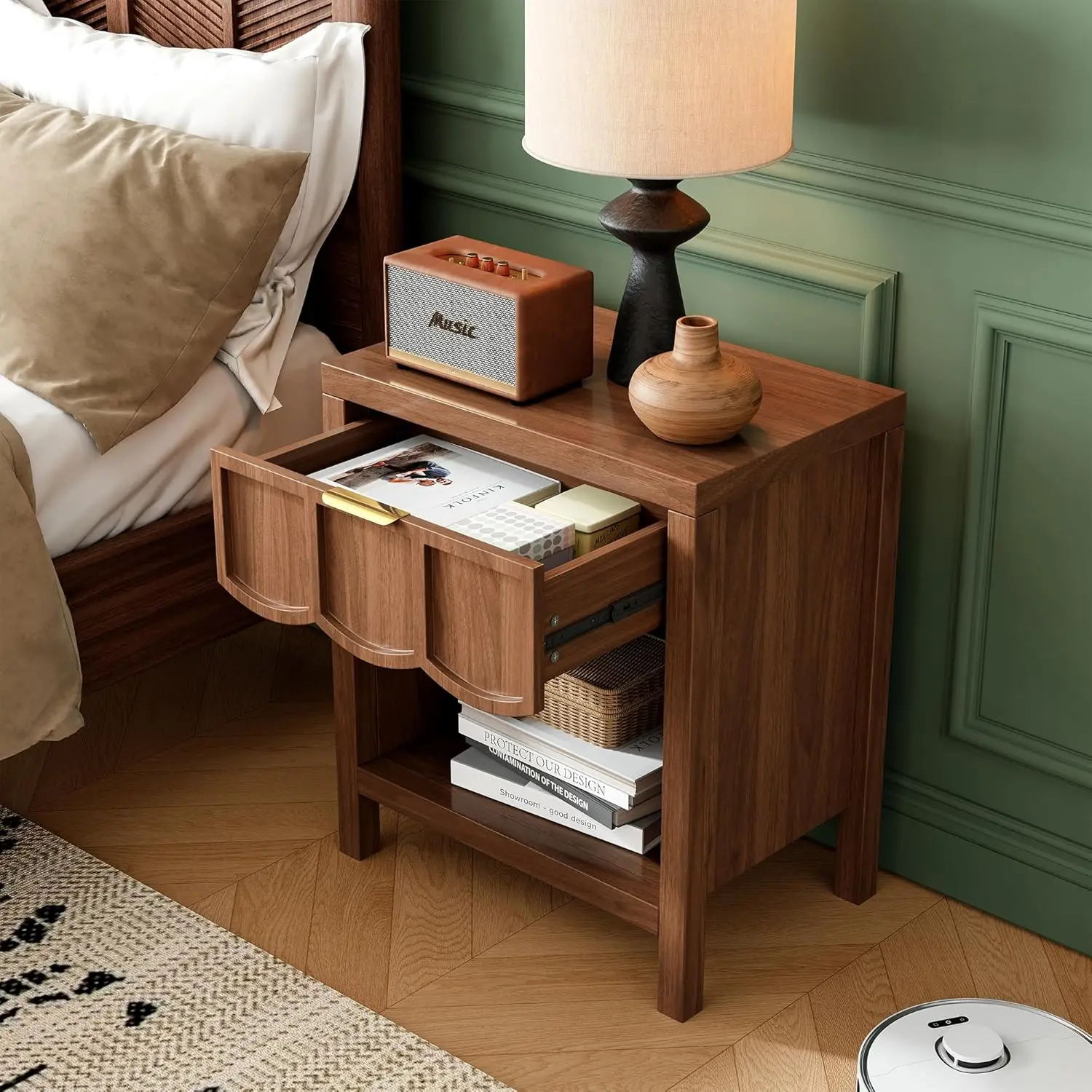 24" Nightstand Set Of 2, Solid Wood End Table With Wave Panel Drawer, Mid Century Modern Chest Of Drawers, Wooden, Customized - view 4