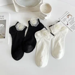 2 Pair Set Women Summer Thin Cotton Simple Cute Low Cut Socks Exquisite Letter Comfortable Camellia Flowers Lolita Fashion Wear