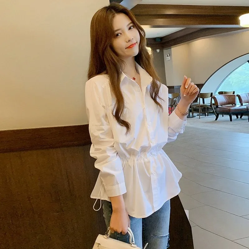 

Белый женский irt, весенне-осенний дизайн со свободной талией, длинный све, модный утягивающий топ, однотонный, для поездок на работу, на пуговицах, двери