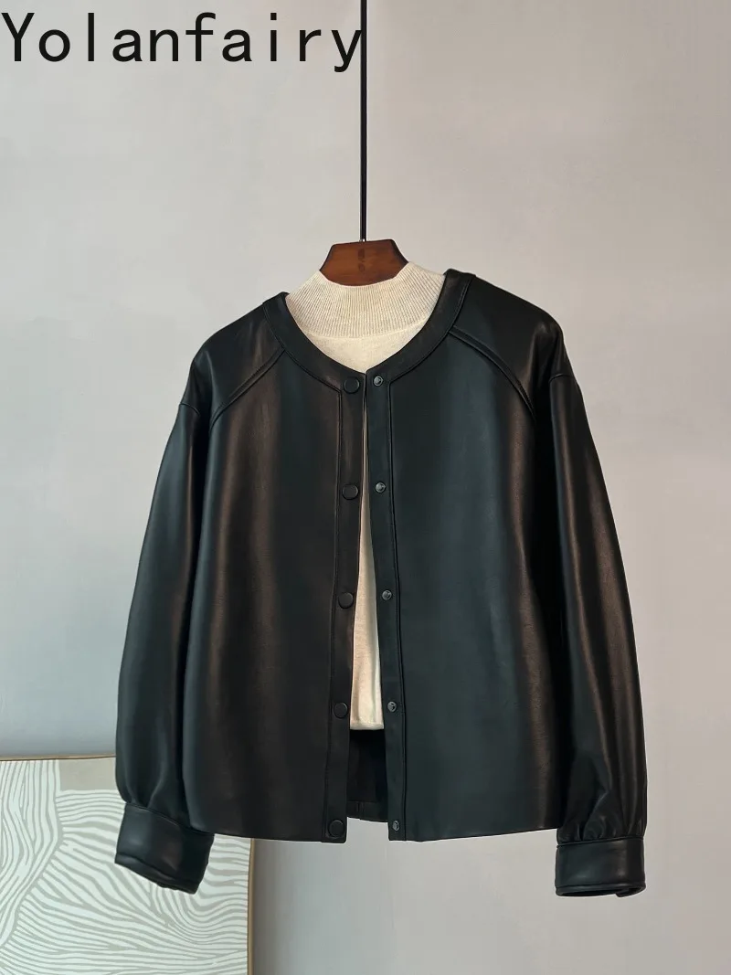 YOLANFAIRY High-end Top Layer Sheepskin 100% Genuine Leather Jacket Women Fashion Real Leather Coat O-neck Black Leather Jackets