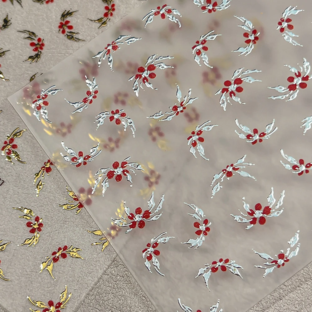 1PC 5D Luxury Gold leaf Floral Nail Art Stickers Elegant Metallic Burgundy Flower Embossed Press-on nails Decals Nail Art Supply