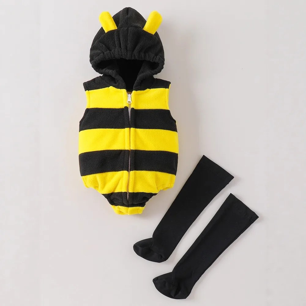 Baby Boys Girls Bee Costume Sleeveless Stripes Hooded Romper Newborn Jumpsuit Long Socks Set Infant Costume Newborn Outfit