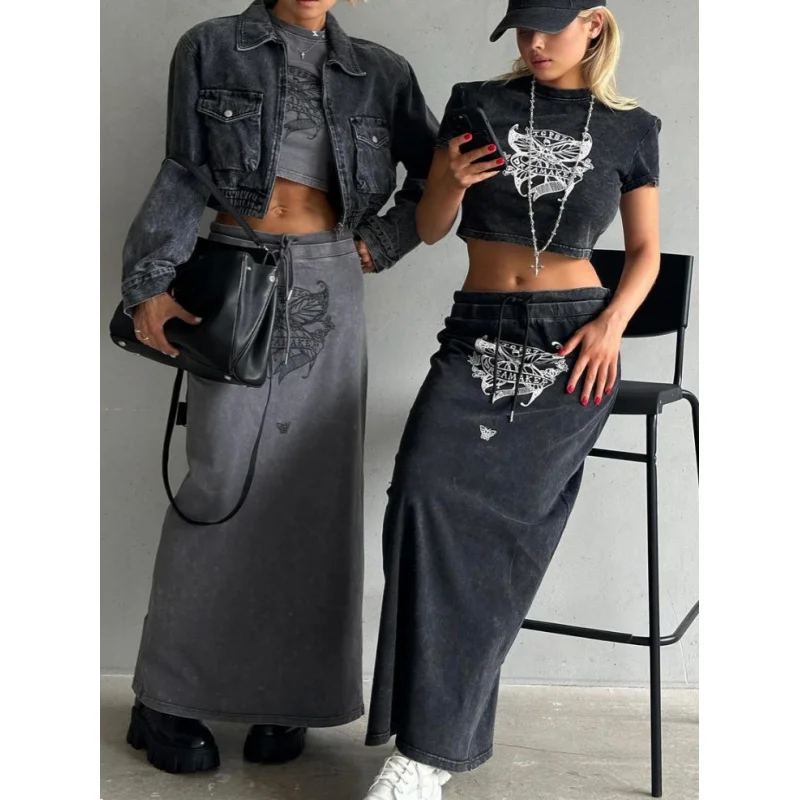 Distressed Midriff-Blote Korte Mouwshirt Dames Sexy Hoge Taille Rok Split Retro Hot Girl Pak Zomer Twee Stuksy 2K