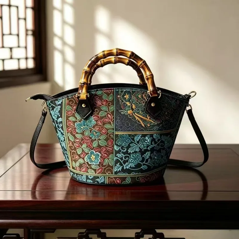 ICH Song Brocade Faux Silk Bamboo Joint Bag, Versatile for Cheongsam, Premium Shoulder/Crossbody
