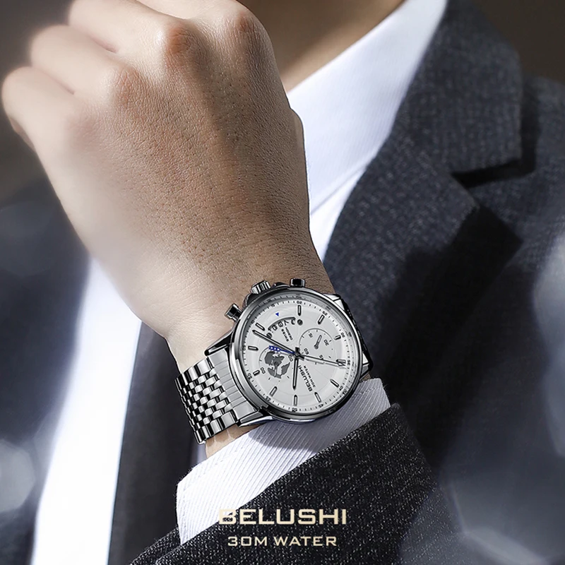 BELUSHI New Men Watches Luxury Brand Business Casual Watch For Men Stainless Steel Big Dial Quartz Chronograph Clock Waterproof