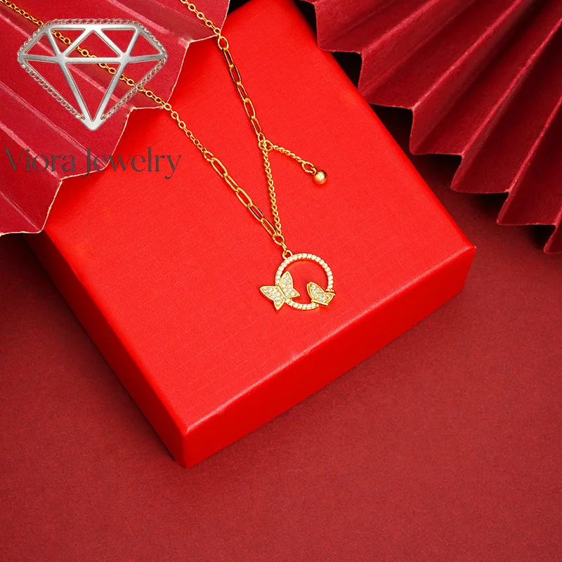 

Viora Jewelry New Chinese style 24K gold necklace light luxury diamond round butterfly clavicle chain women's design exquisite n