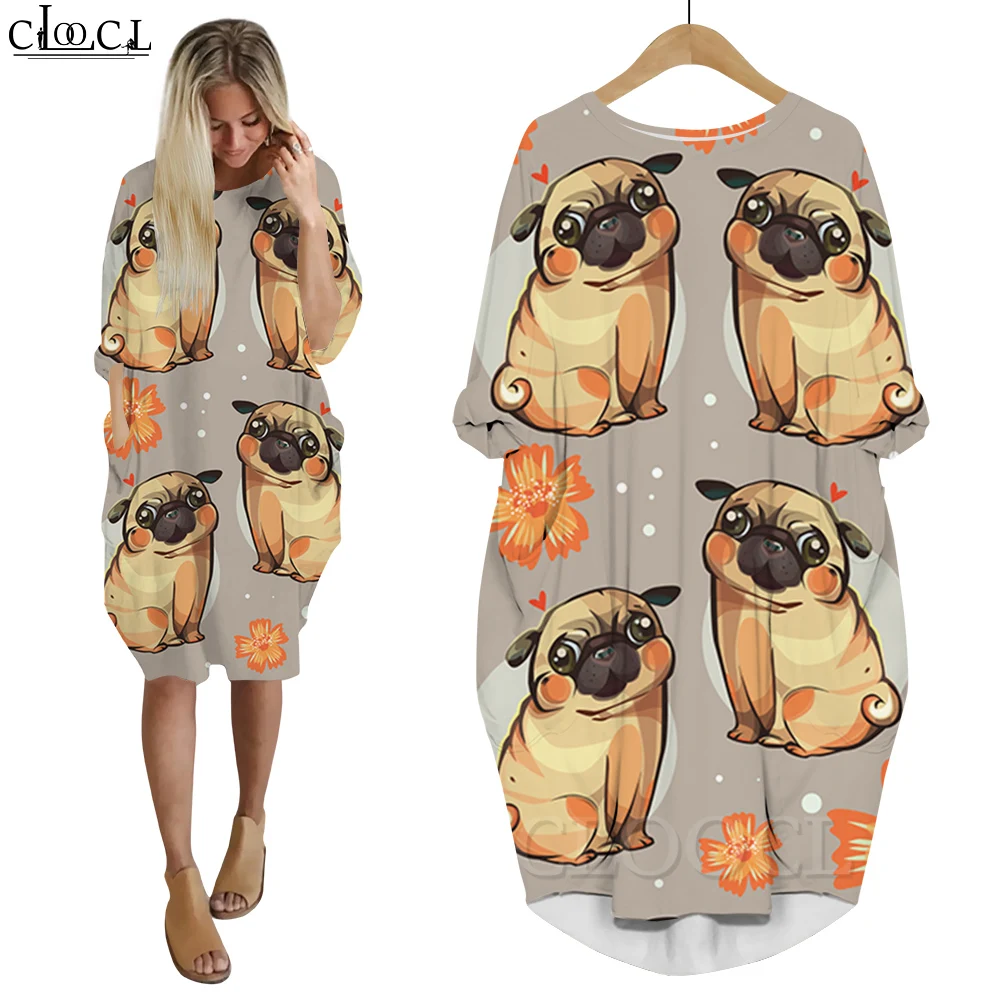 CLOOCL Jurken Lange mouw Slanke losse polyester vestidos Bulldog Digitaal printen Baggy gewaad Mode Oversized shirtjurken