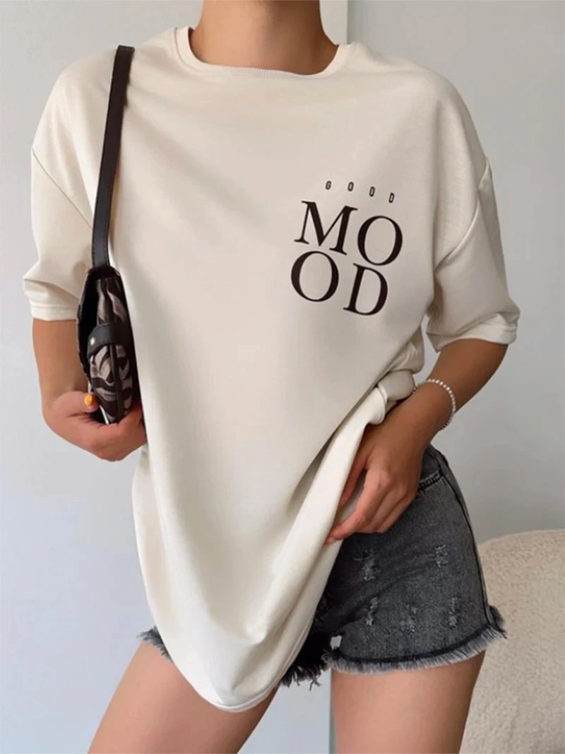 Hirsionsan Mood Letter Printed T-Shirt Women Soft Casual Loose Short Sleeve Summer Cotton Breathable Tshirt Holiday Y2k Tee