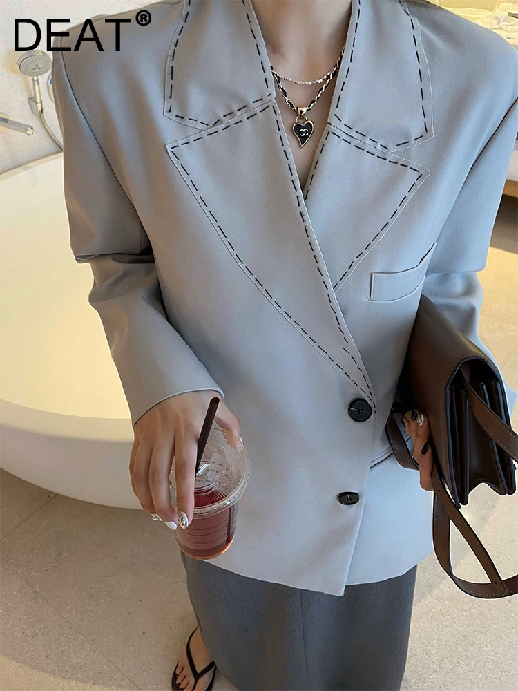 DEAT Fashion Women\'s Blazer Loose Open Wire Dickie Single Breasted Straight Solid Color Suit Jackets Summer 2024 New 17A9314