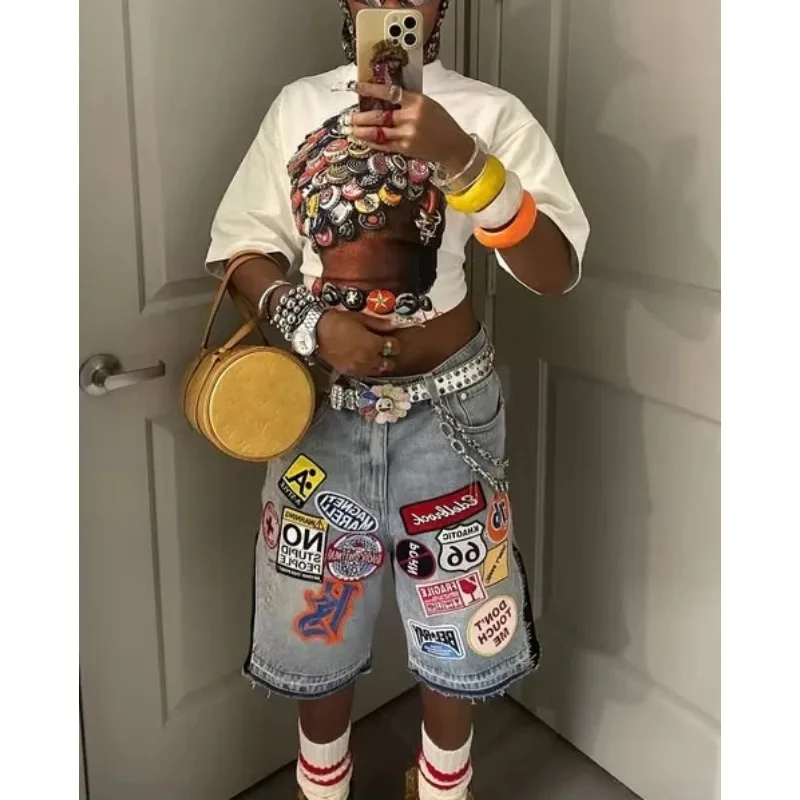Американские джинсовые шорты в стиле ретро Y2K Джинсы Harajuku Хип-хоп Мультфильм Вышивка Ретро Мешковатые шорты с низкой талией Спортивные баскетбольные шорты