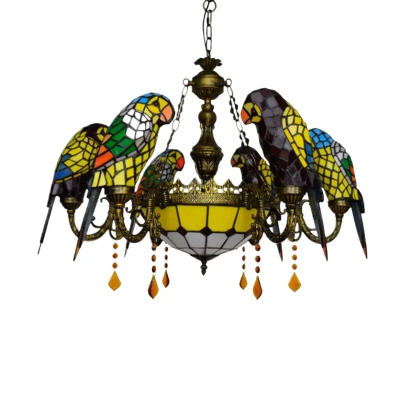 

Light luxury stained glass double-layer bird chandelier, pastoral living room bar parrot multi-headed glass lamp