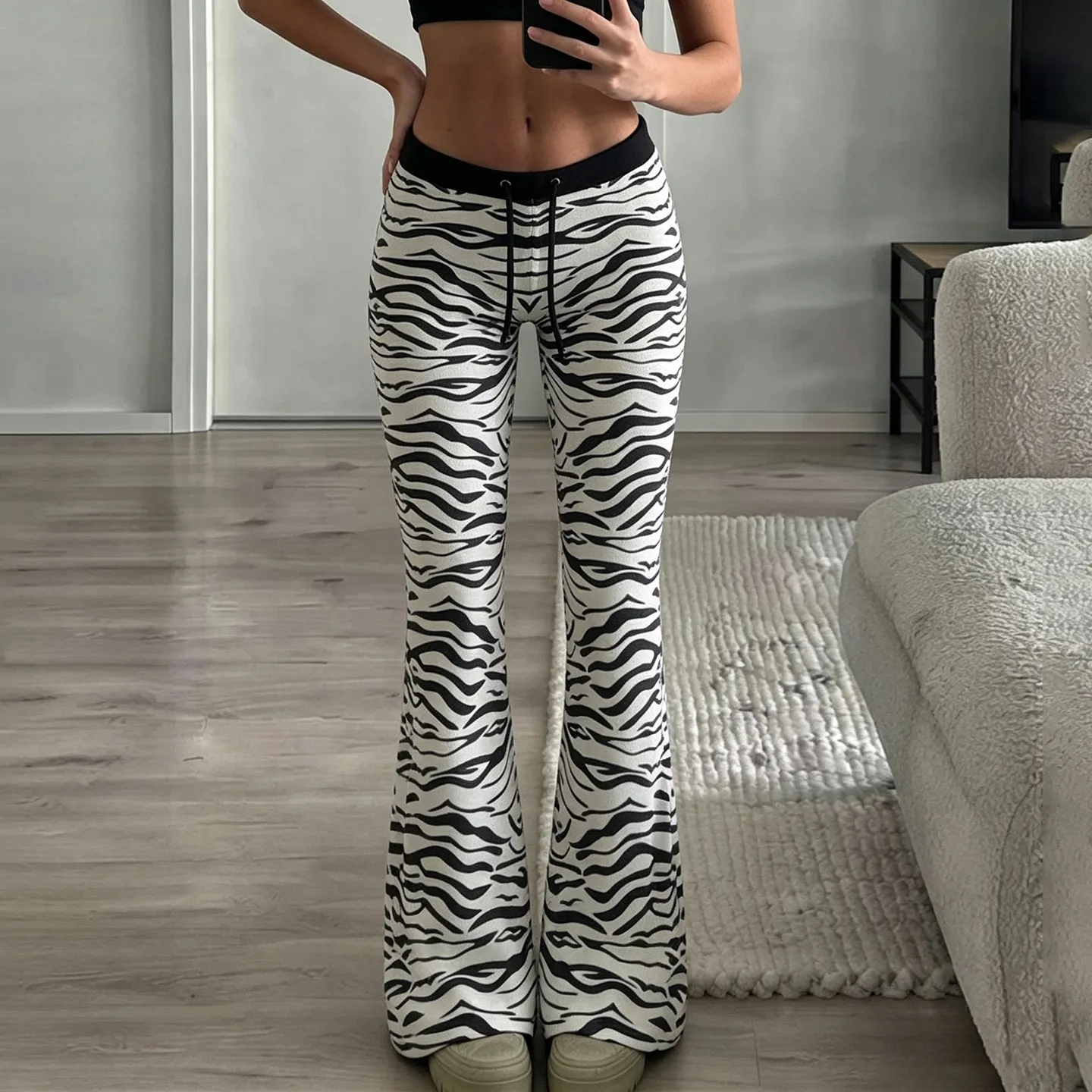 autumn zebra print contrasting color drawstring casual home micro flared pants low waist fashion comfortable pants