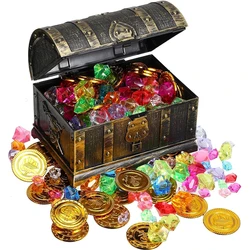 101 Pieces Pirate Treasure Chest Toy Box Gold Coins And Pirate Gems Jewelry Pirate Captain Cosplay Costume Props Halloween Decor