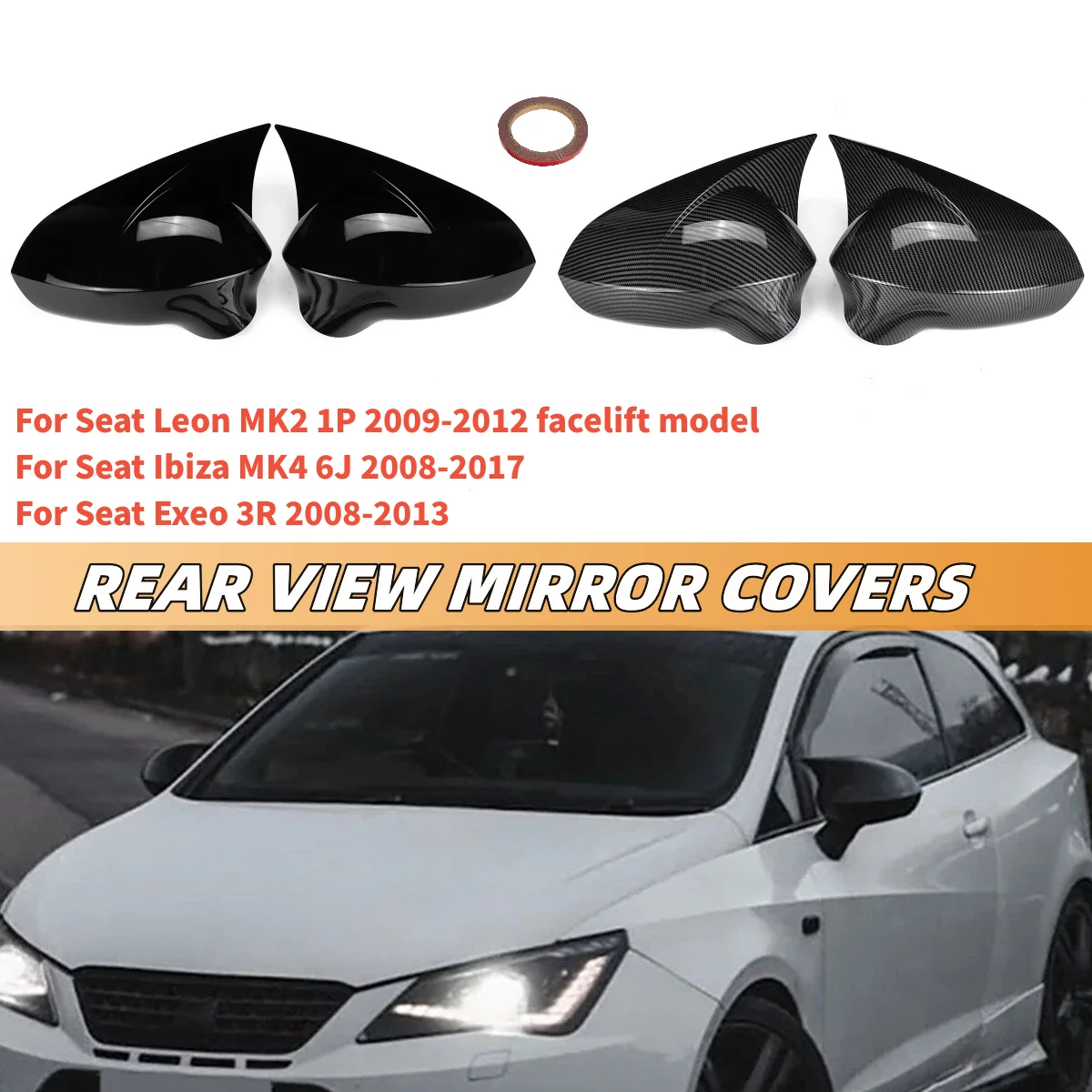 

2X Glossy Black / Carbon Fiber Look Rearview Wing Mirror Covers Caps For Seat Leon MK2 1P Ibiza MK4 6J 2008-2017 Mirror Case