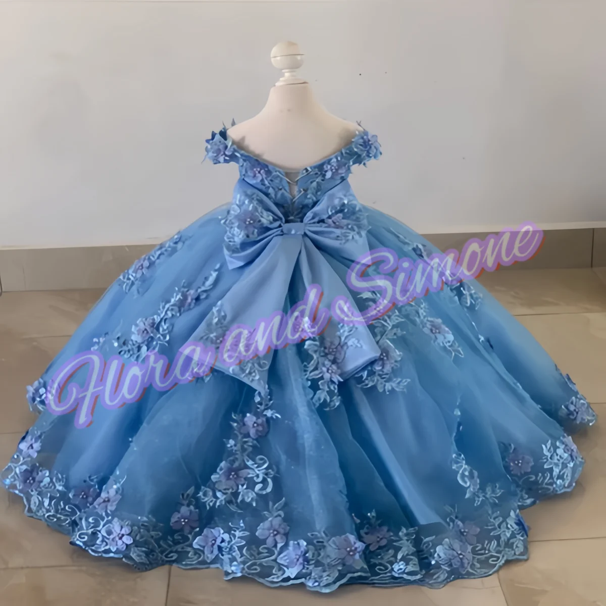 Customized Blue 3D Floral Beading Embroidery Little Princess Flower Girl Dress for Formal Receptions Holiday Celebrations