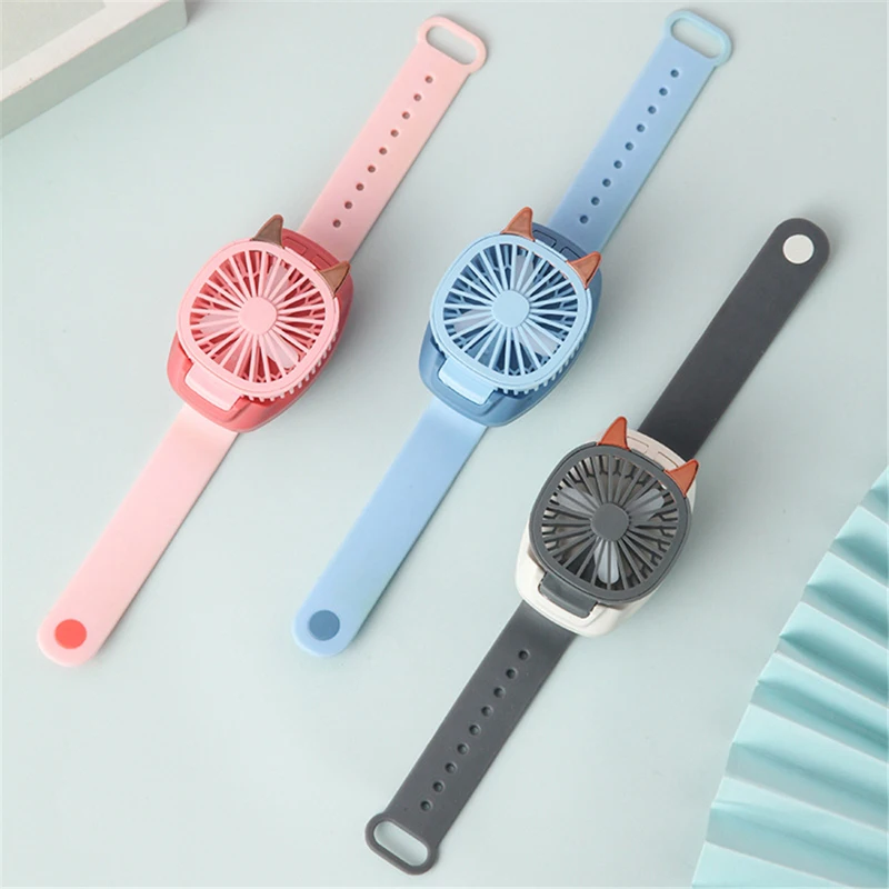 Cartton Cat Design Portable Wrist Strap Mini Watch Hand Held Fan USB Charging Small Rechargeable Fans With Colorful LED Lights