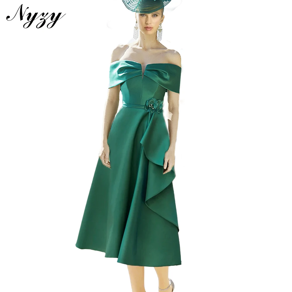 

NYZY M469 Customized Wedding Guest Wear Evening Gowns Off the Shoulder Elegant Dark Green Mother of the Bride Dresses Short 2025