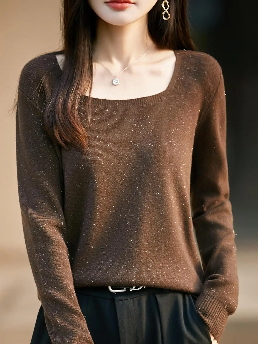 Slim Fit Square Collar Knitted Base Shirt Women's Thin Autumn Winter Pure Color Sweater Soft French Style Long Sleeve Top