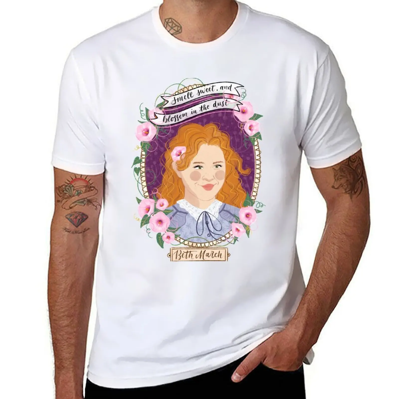 

Little Women potraits: Beth March botanical illustration T-Shirt man t shirt cotton high quality T-Shirt