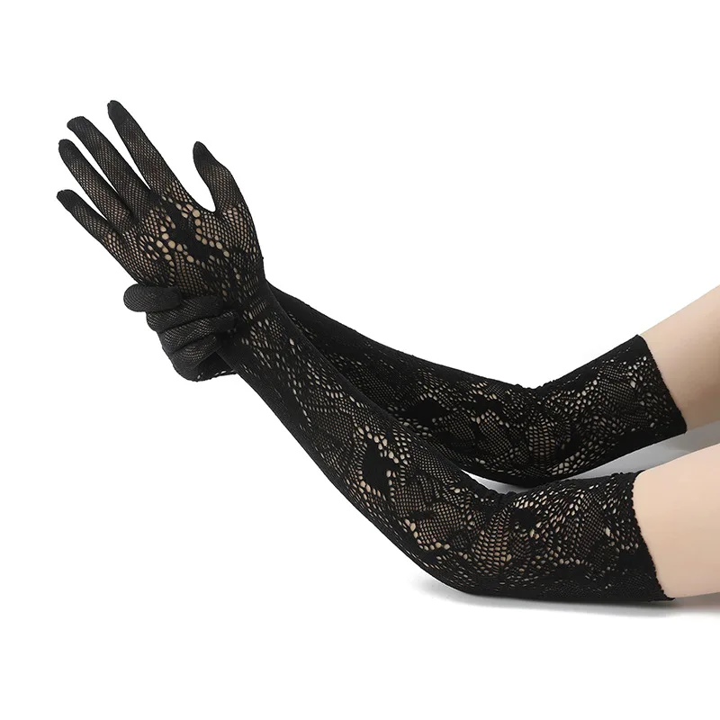 Women Long Hollow Lace Gloves Black White Spring Summer UV Protection Arm Sleeves for Cycling Driving Wedding Bridal Party