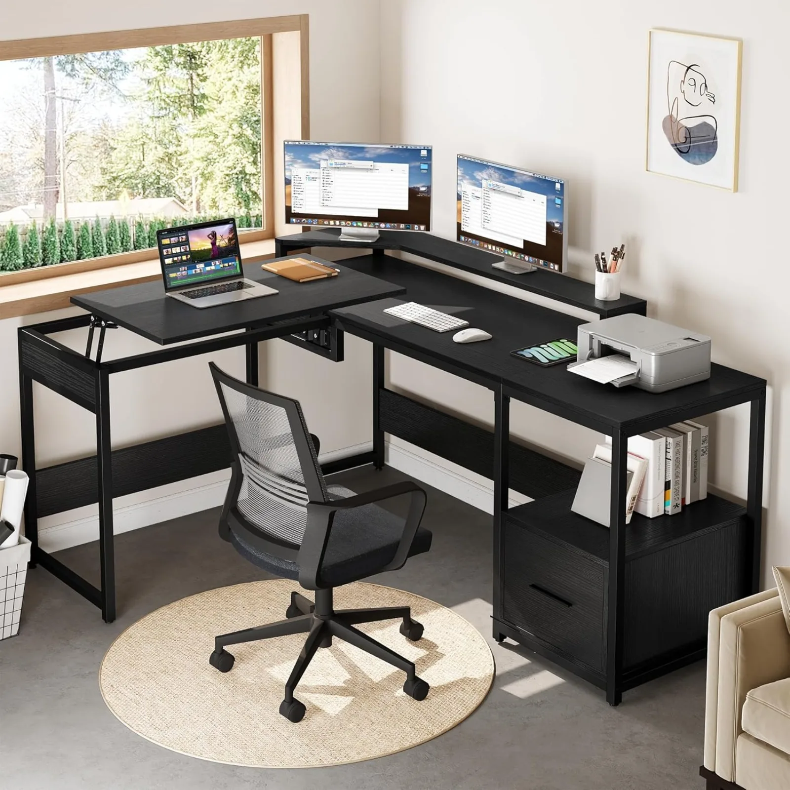 

US L Shaped with File Drawer, 65" Large Computer Desk Corner Desk with Lift Top, Standing Height Adjustable with