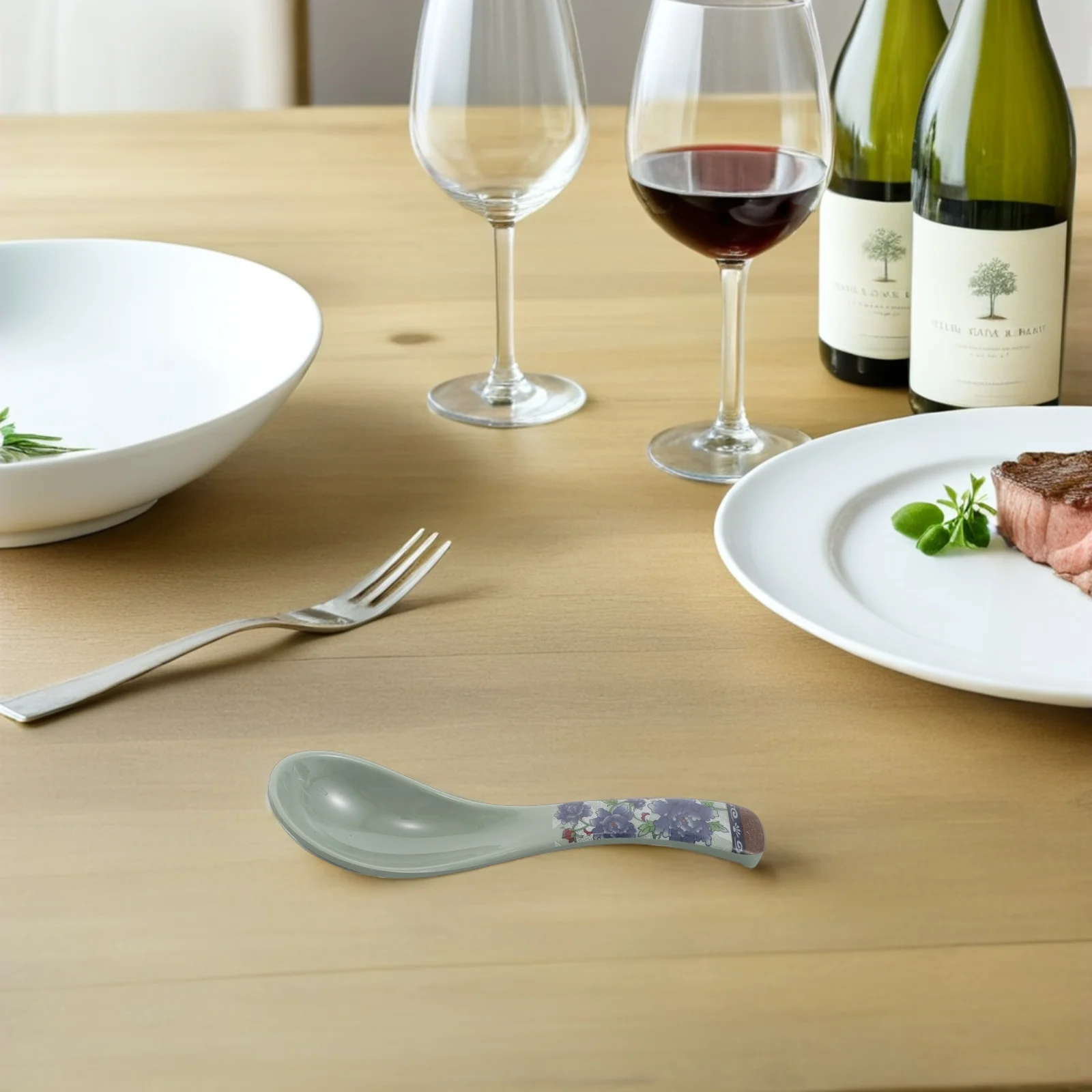 

6Pcs Japanese Style Melamine Soup Spoons Blue Floral Pattern Unbreakable Dining Serving Ramen Noodle Rice Spoons