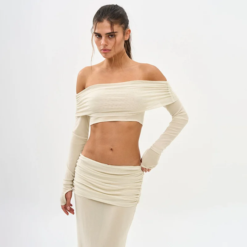 Elegant Mesh Skirt Two Piece Set Women Strapless Long Sleeve T-shirt And Maxi Skirt Matching Sets Female Dress Set