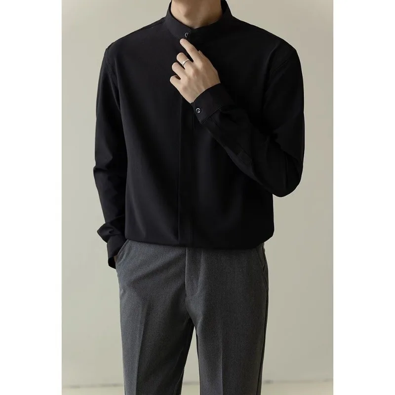 New Men Korean Fashion High-quality Business Casual Non Iron Ice Silk Shirts Male Black White Stand Collar Long Sleeve Slim Tops