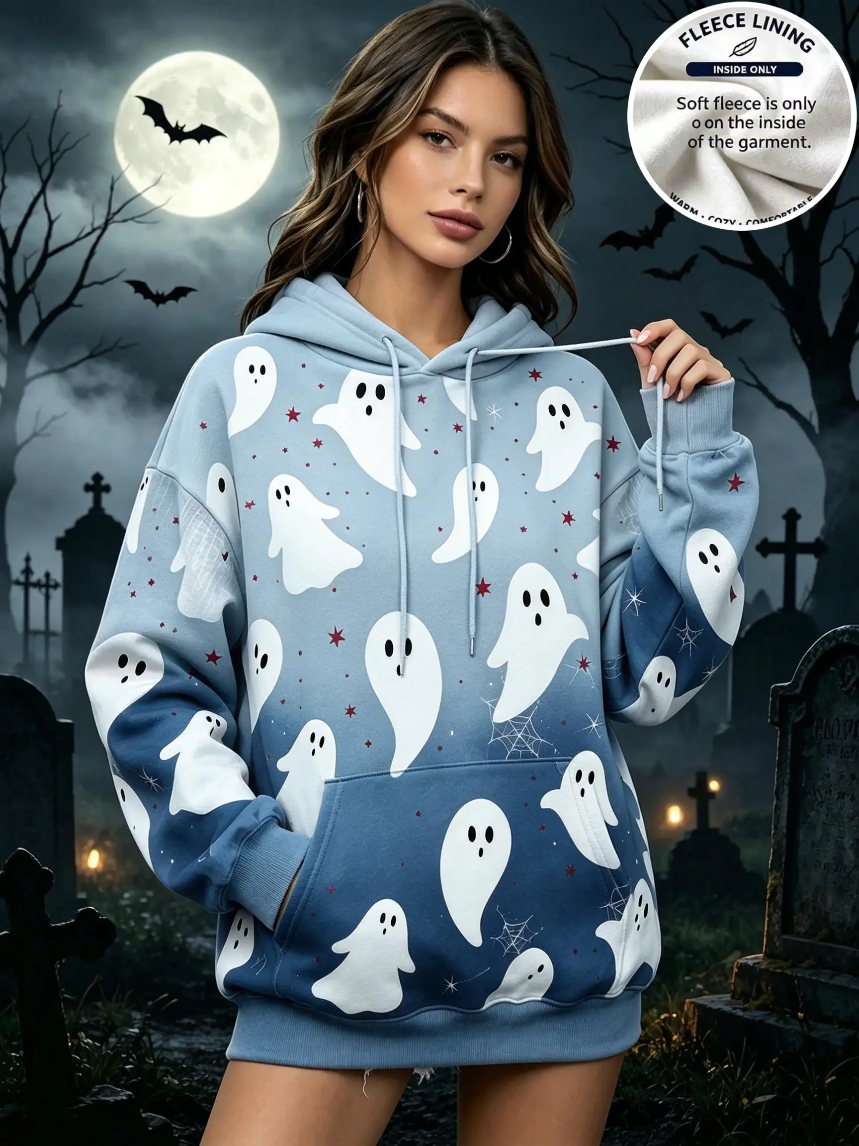 Women Gradient Blue Halloween Ghost Print Hoodie Warm Fleece Lined Drawstring Pocket Long Sleeve Pullover Sweatshirt