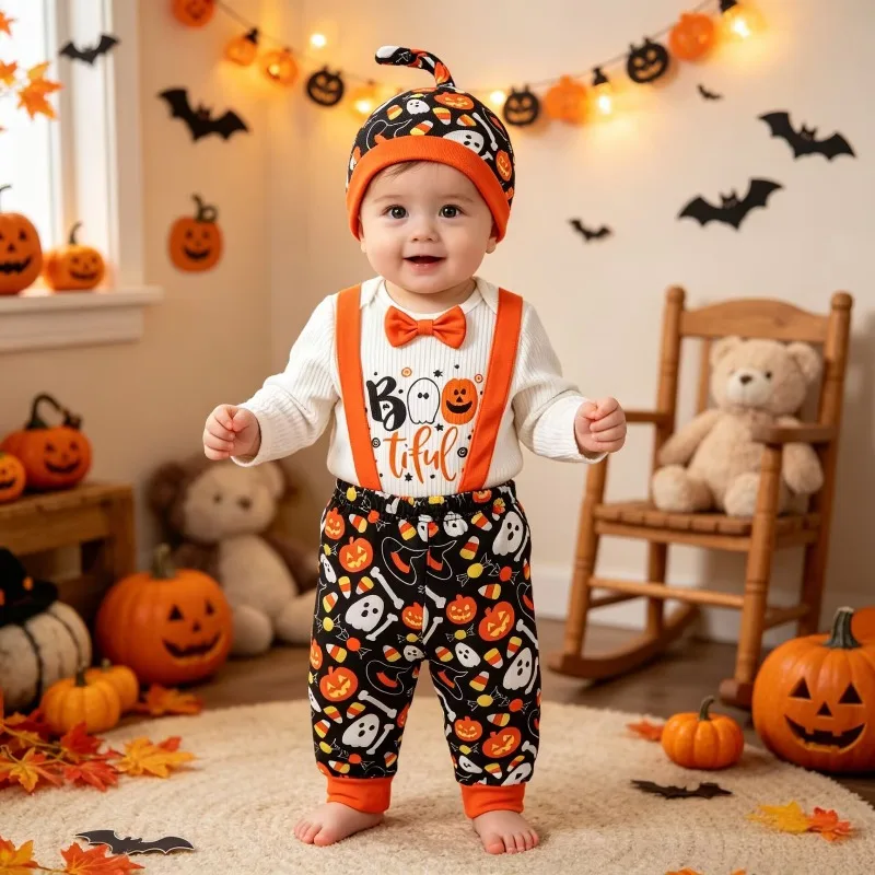 Newborn Infant Baby Boys Girls Halloween Outfit White Long Sleeve Suspender Romper with Orange Pants Hat Bow Costume 0 24M