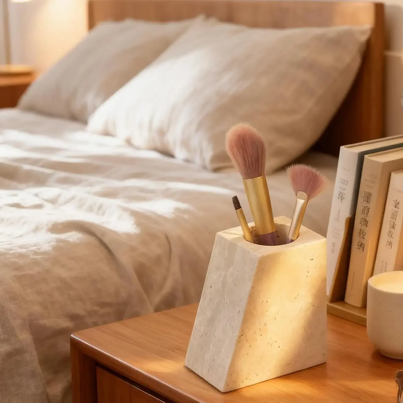 Natural travertine trapezoidal pen holder and bookend, suitable for storing makeup brushes, lipsticks, and perfumes.