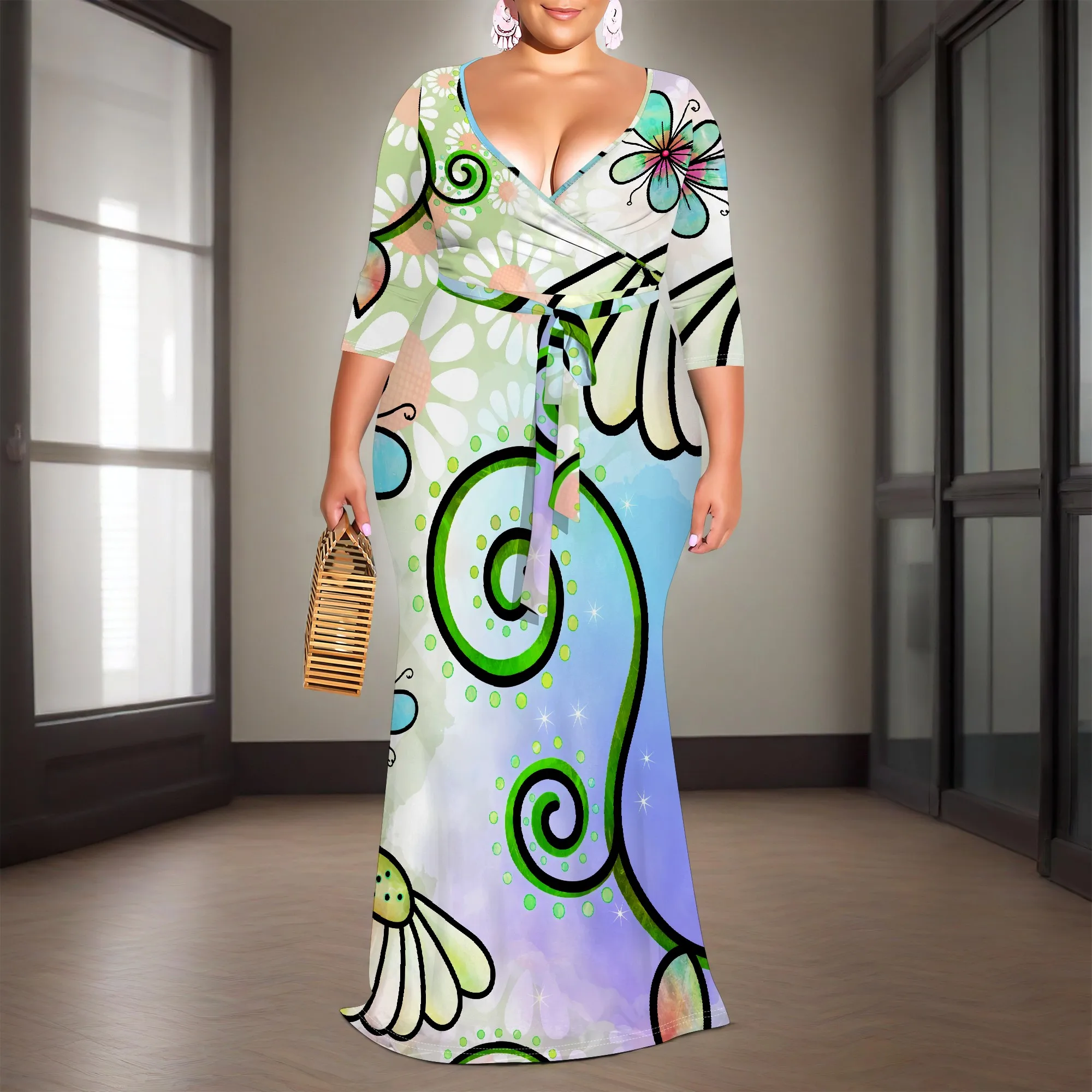 

Plus Size Fantasy Floral Maxi Dress XL-6XL V-Neck Wrap Style for Summer Art Festival or Pride Month Garden Party Look