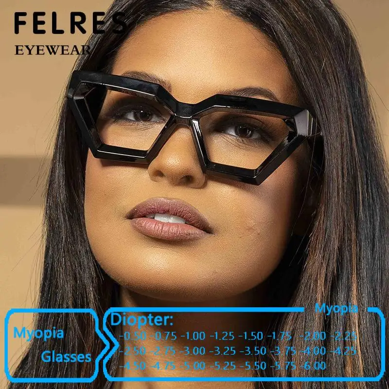 Women Simple Rhombus Anti Blue Light Myopia Glasses Thick Frame Trendy Cat Eye Prescription Glasses Leisure Fashion Eyeglasses