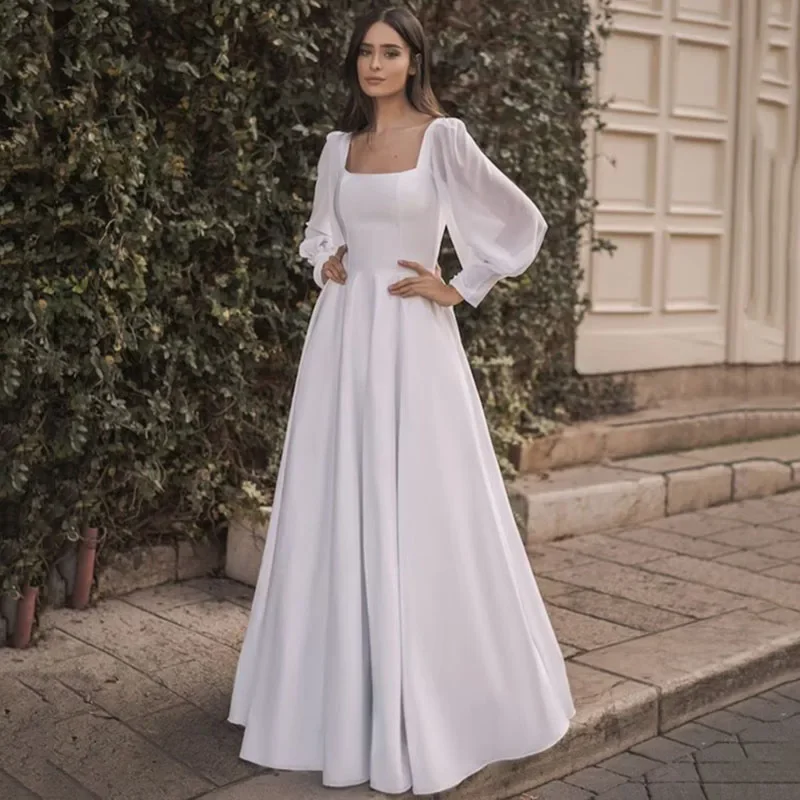 

Flavinke Square Collar Satin Wedding Dresses 2024 Long Chiffon Sleeve Beach Bride Dress Floor Length Backless Vestido De Novia