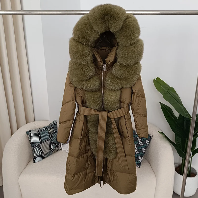 2023 Nieuwe Echte Vossenbont Kraag Winter Vrouwen Witte Eendendendons Lange Jas Riem Dames Dikke Warme Jas Luxe Slanke Bovenkleding Met Capuchon